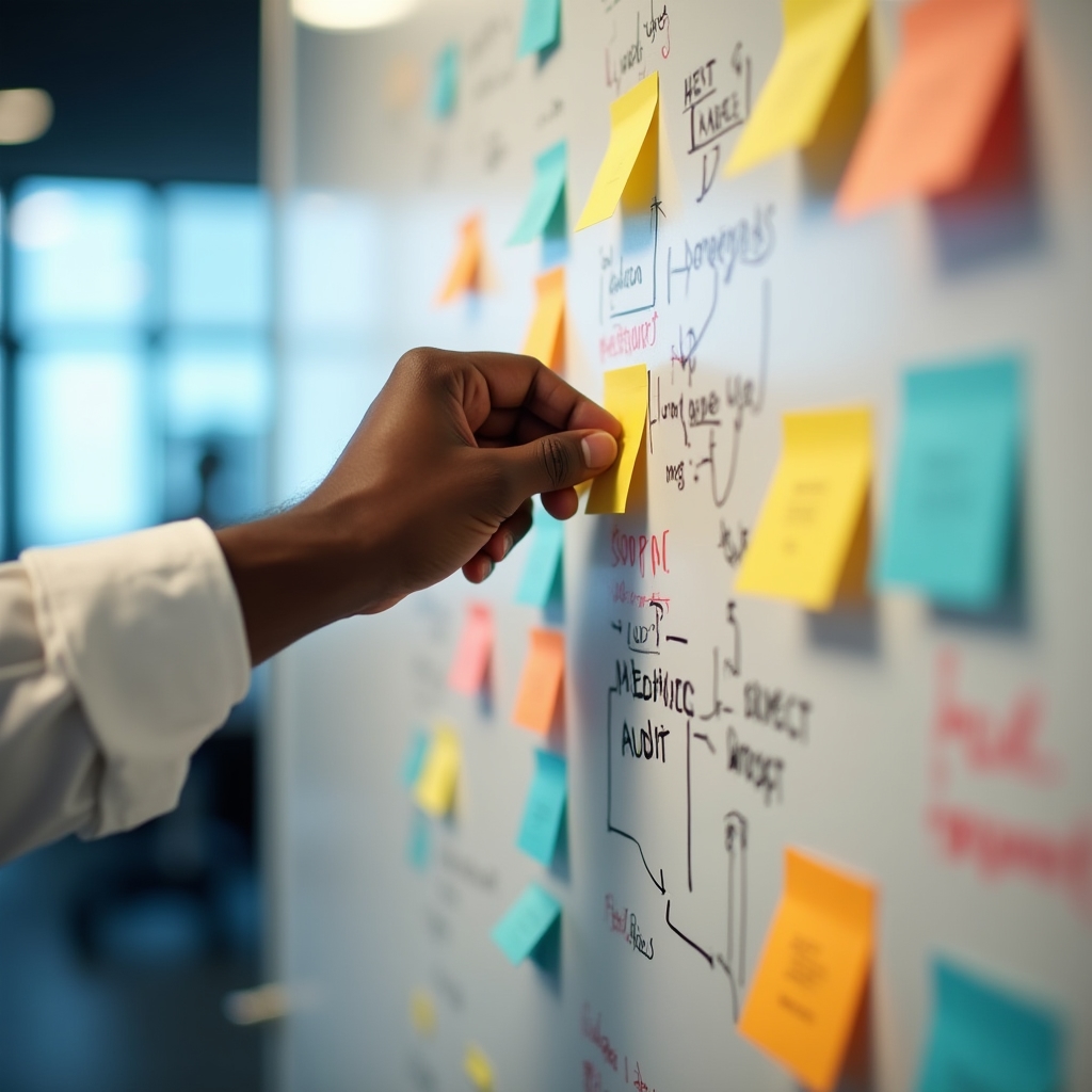 A whiteboard covered with asynchronous standup notes and sticky notes mapping a team meeting audit