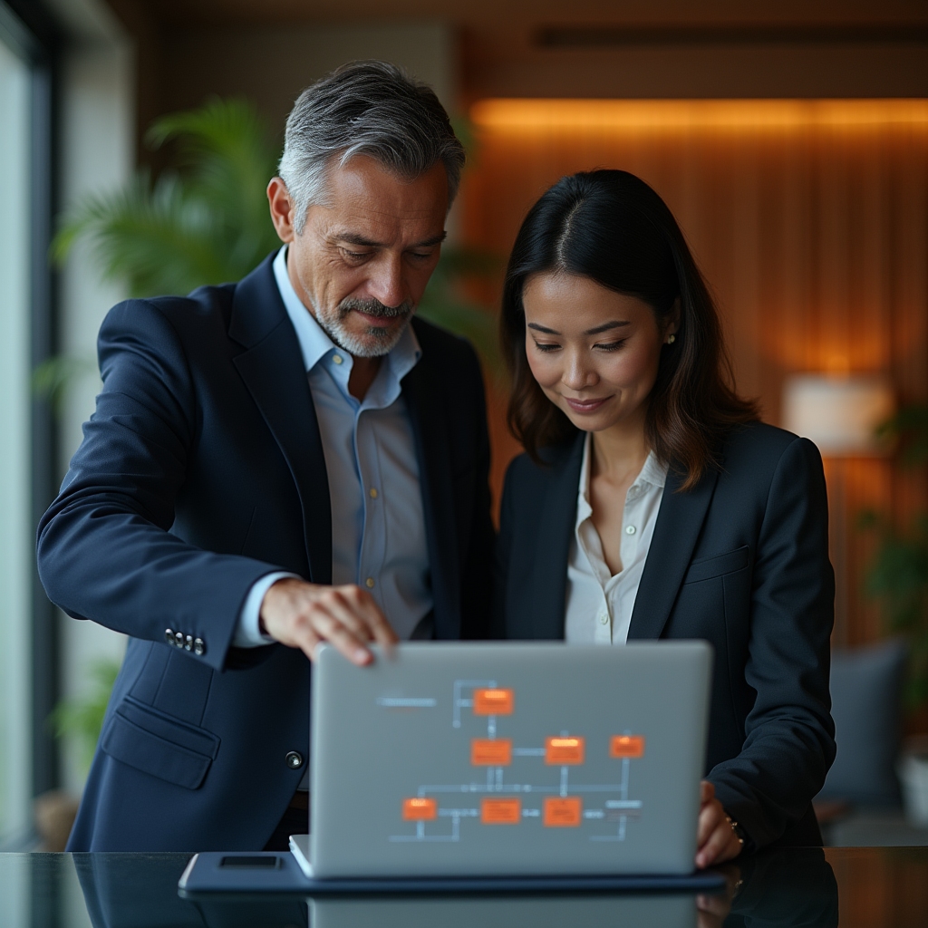 Team members conducting a digital tools audit around a laptop showing a workflow diagram