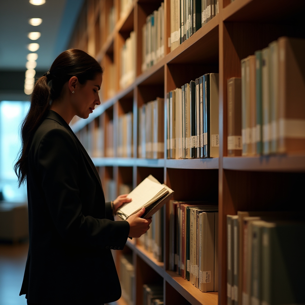 A shelf of reference documentation binders and notebooks organized by category in an office library