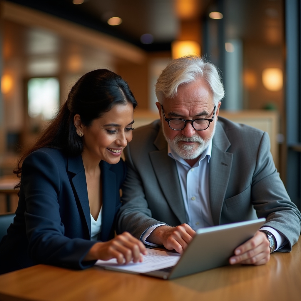 Hybrid team members reviewing an asynchronous check-in document together on a laptop in an office lounge
