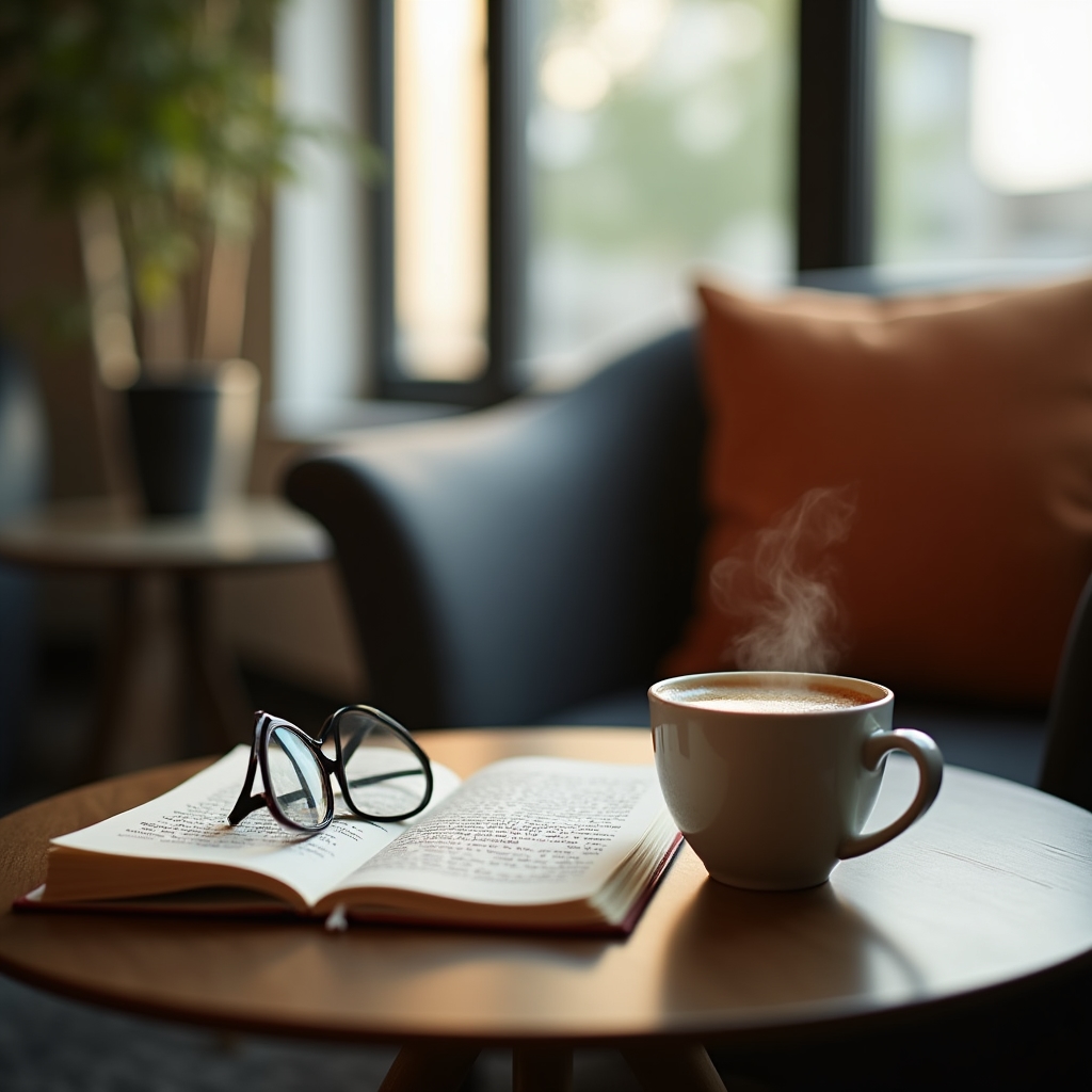 A quiet reading corner in a modern office with a small table, an open notebook and a cup of coffee