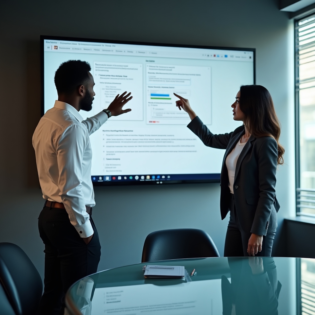 Two colleagues reviewing a shared documentation page on a large screen in a meeting room