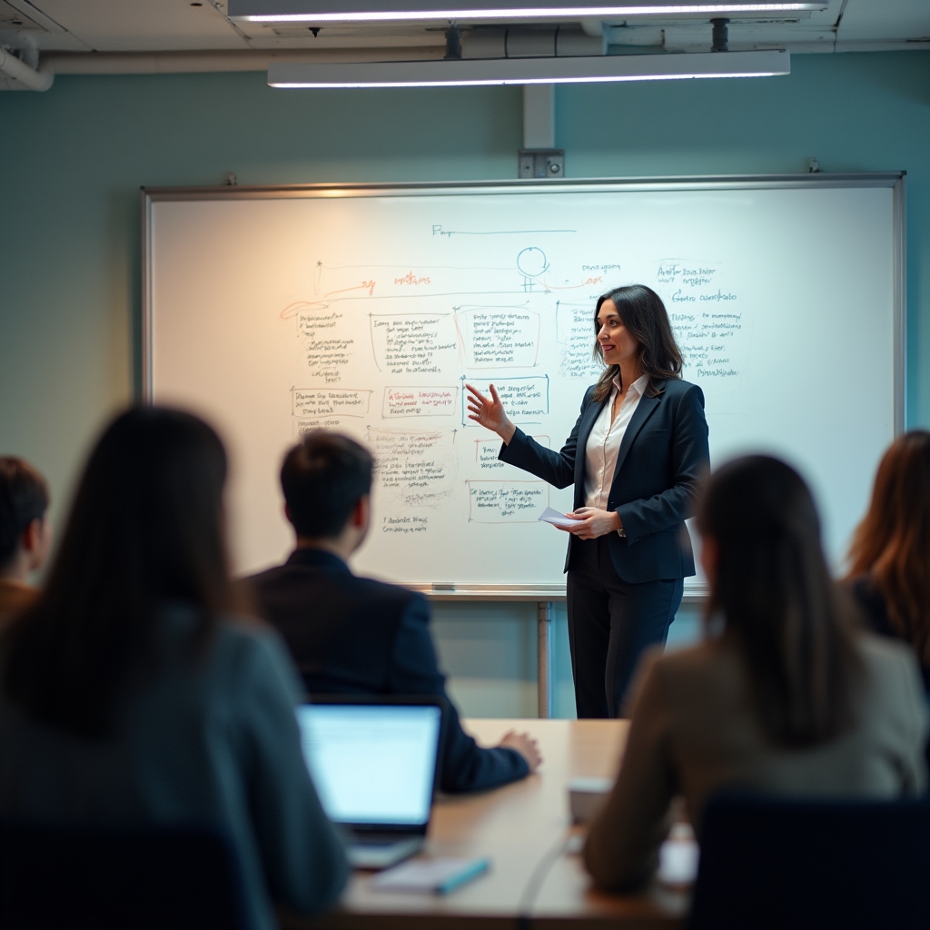 A training session in progress with whiteboard notes outlining a meeting redesign framework